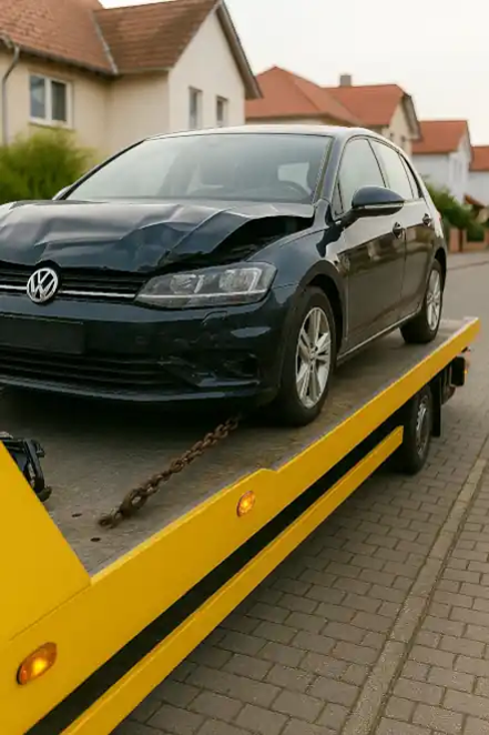 Defektes Auto wird für den Autoankauf in Ludwigsburg abgeschleppt, um den Verkauf abzuschließen.